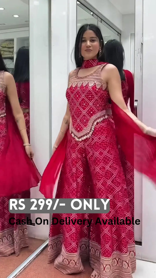 Red Embroidered Sharara Set with Mirror Work Detailing - My Store