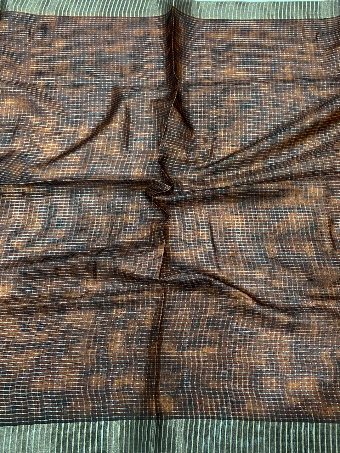 Mustard Kalamkari Pichwai Black Check Saree by My Store