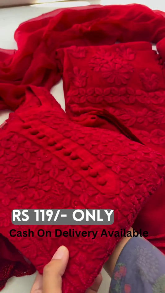 Red Floral Embroidered Three-Piece Suit - My Store