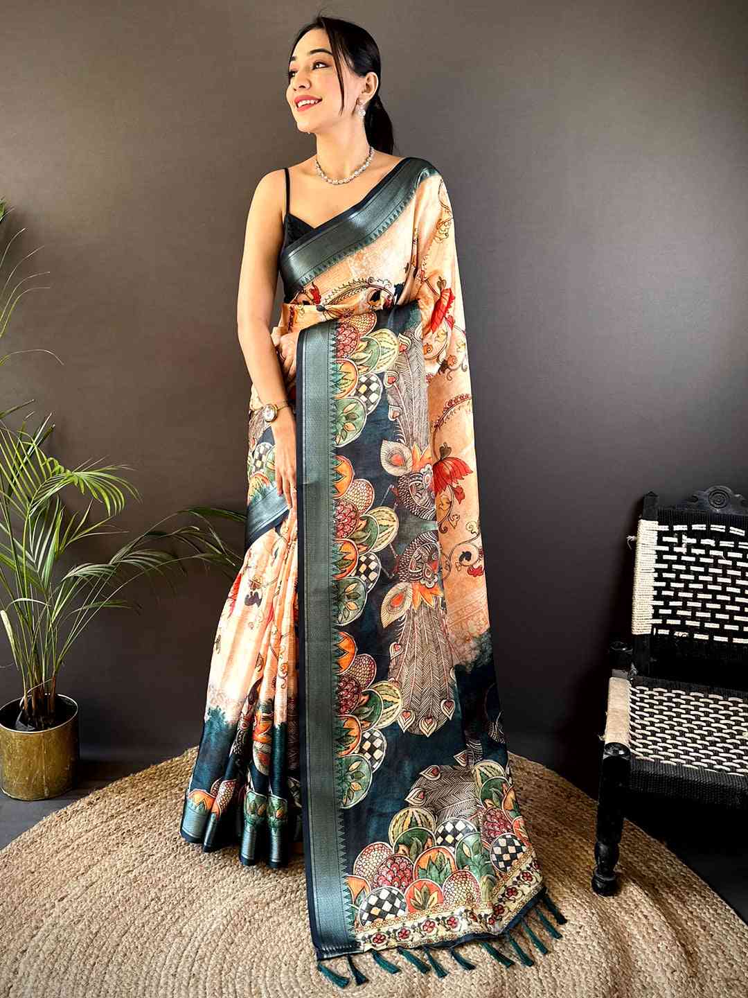 Beige Kota Doriya Zari Weave Digital Print Saree