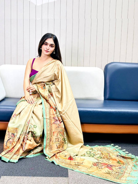 Green Free Hand Kalamkari Print Saree by My Store