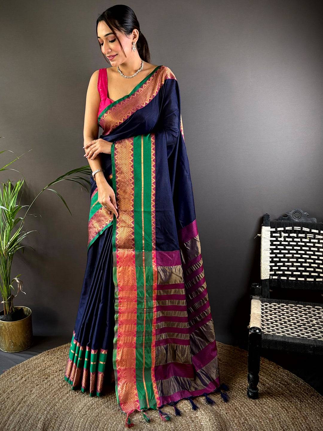 Navy Gold Zari Silk Saree by My Store