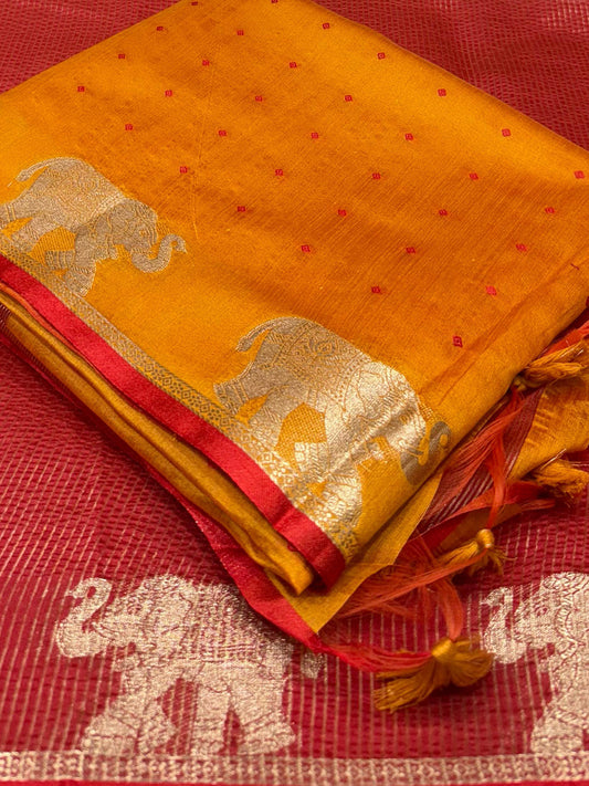 Orange Pure Silk Bandhani Butti Saree by My Store