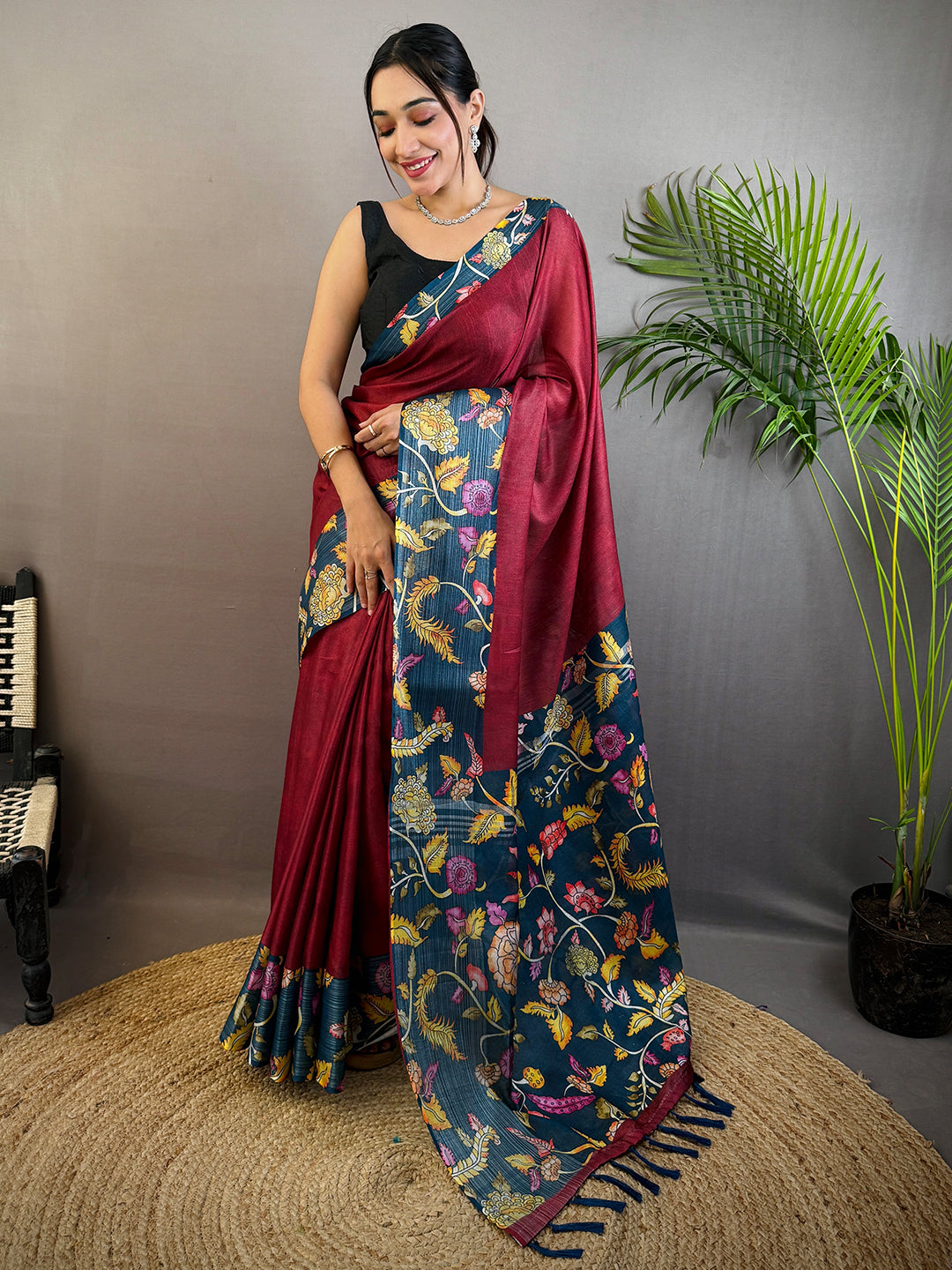 Red Linen Kalamkari Print Saree by My Store