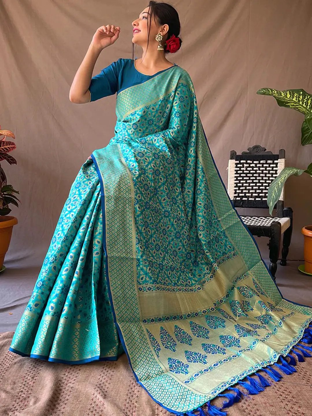 Cerulean Blue Rajkoti Patola Silk Zari Woven Saree by My Store