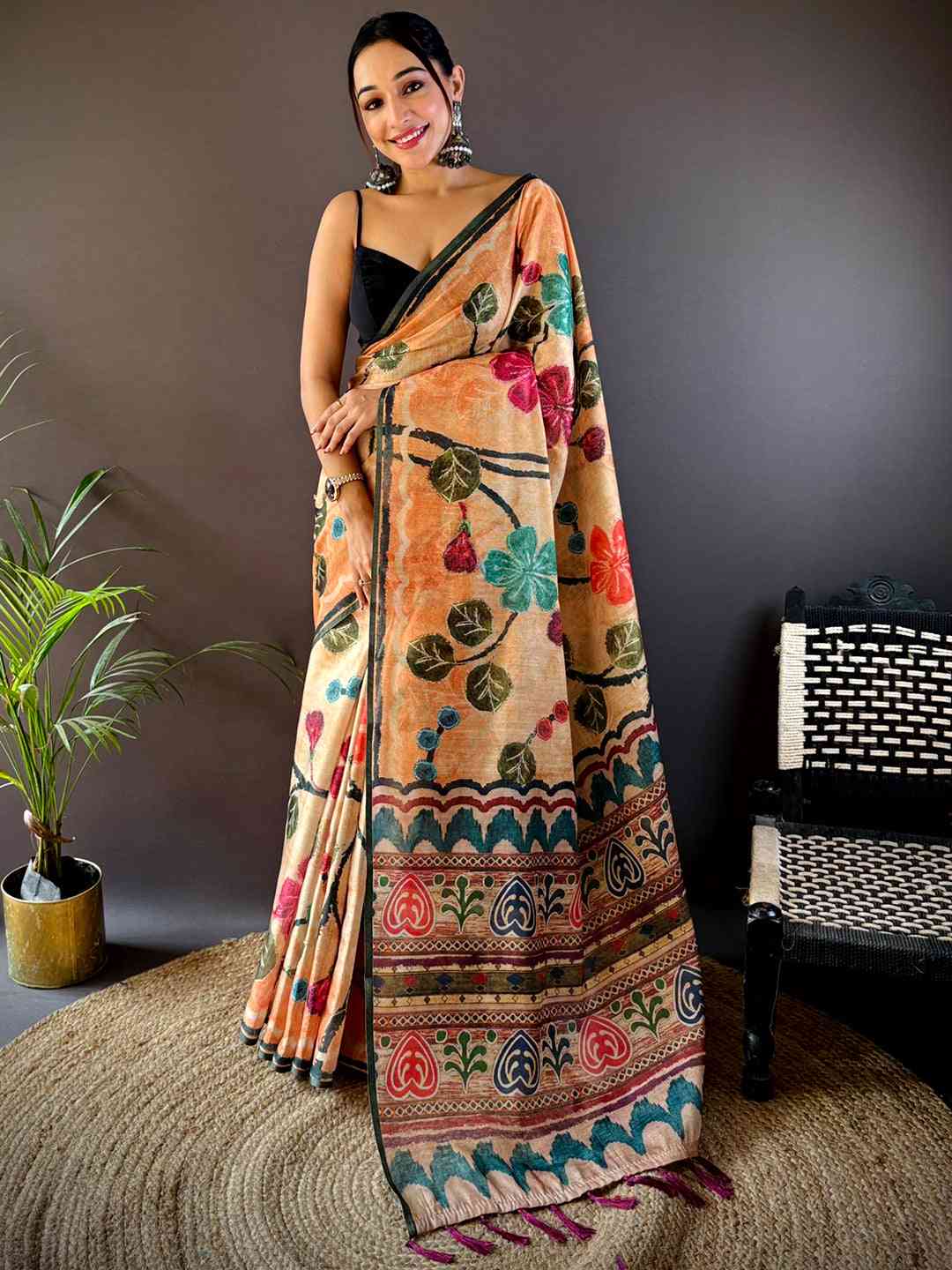 Light Peach Folklore Tissue Chanderi Saree by My Store