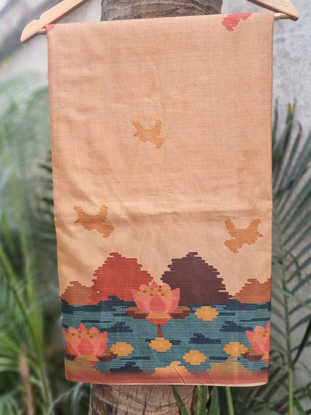 Tussar Silk Gold Colour Freehand Ikkat & Kalamkari Print Saree