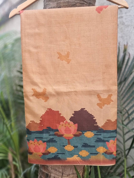 Tussar Silk Gold Colour Freehand Ikkat & Kalamkari Print Saree