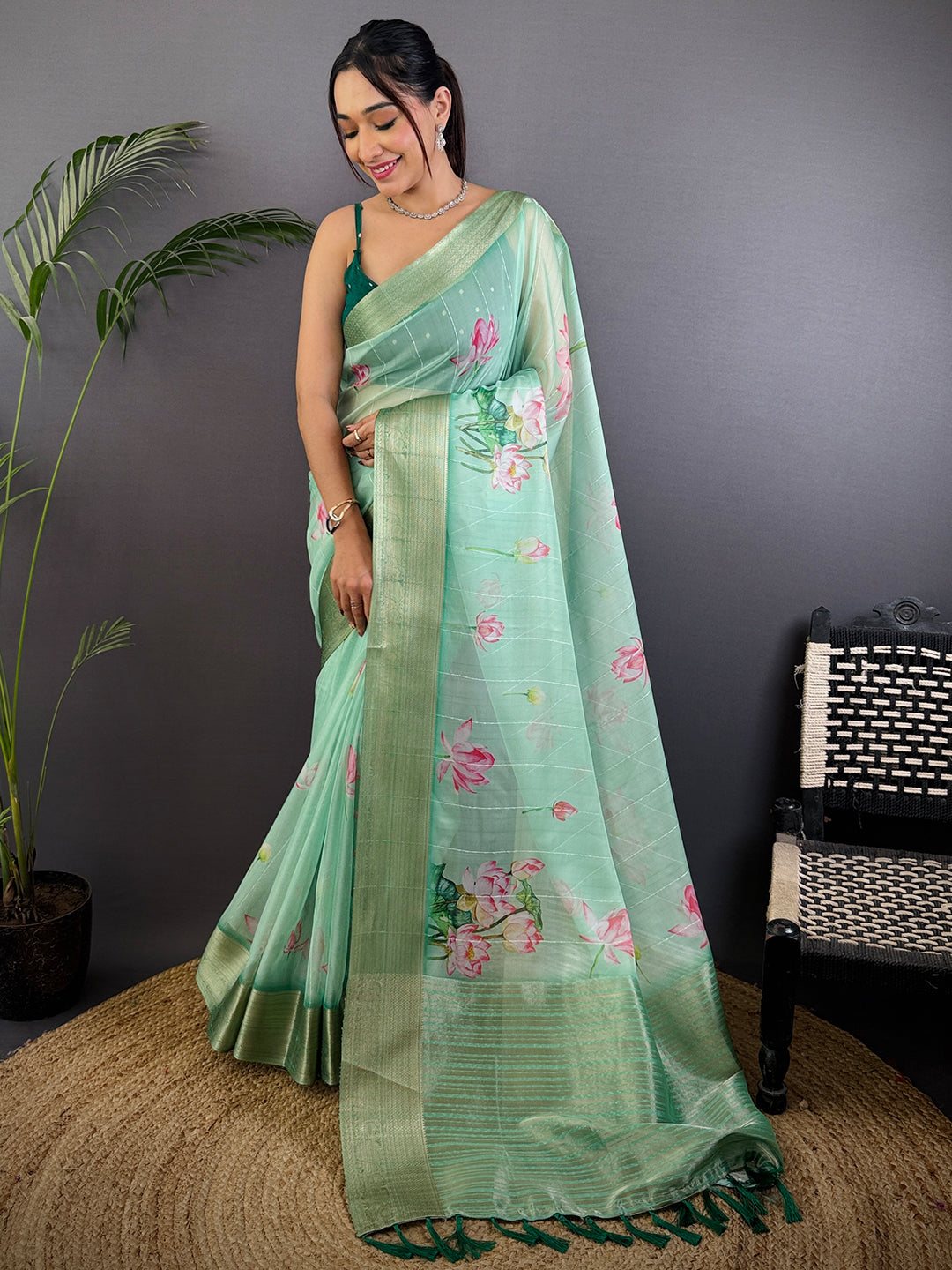 Mint Green Soft Organza Digital Print Saree by My Store