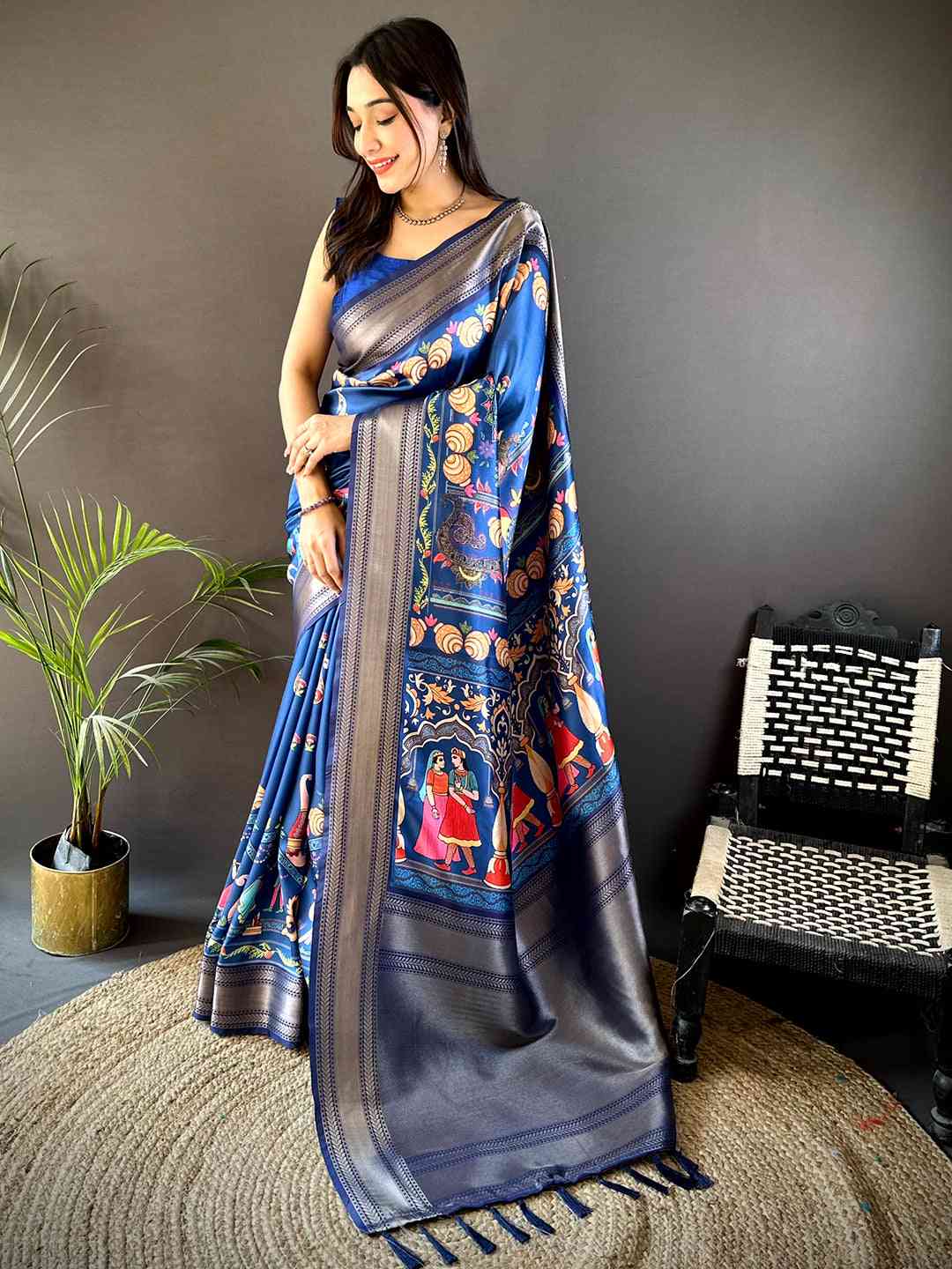 Light Blue Mughal Kalamkari Print Pashmina Saree by My Store