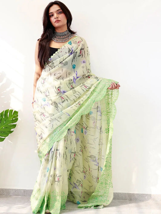 Soft Chiffon Satin Saree with Cut Work Embroidered Boder by My Store