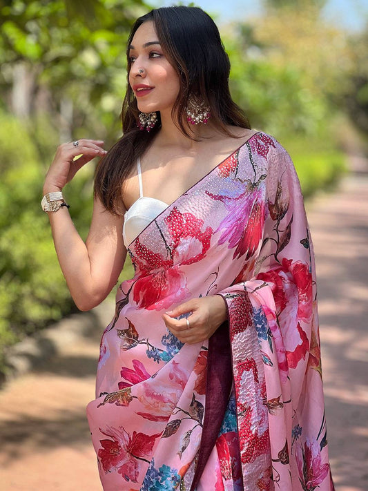 Satin Georgette Peach Floral Digital Print Saree by My Store