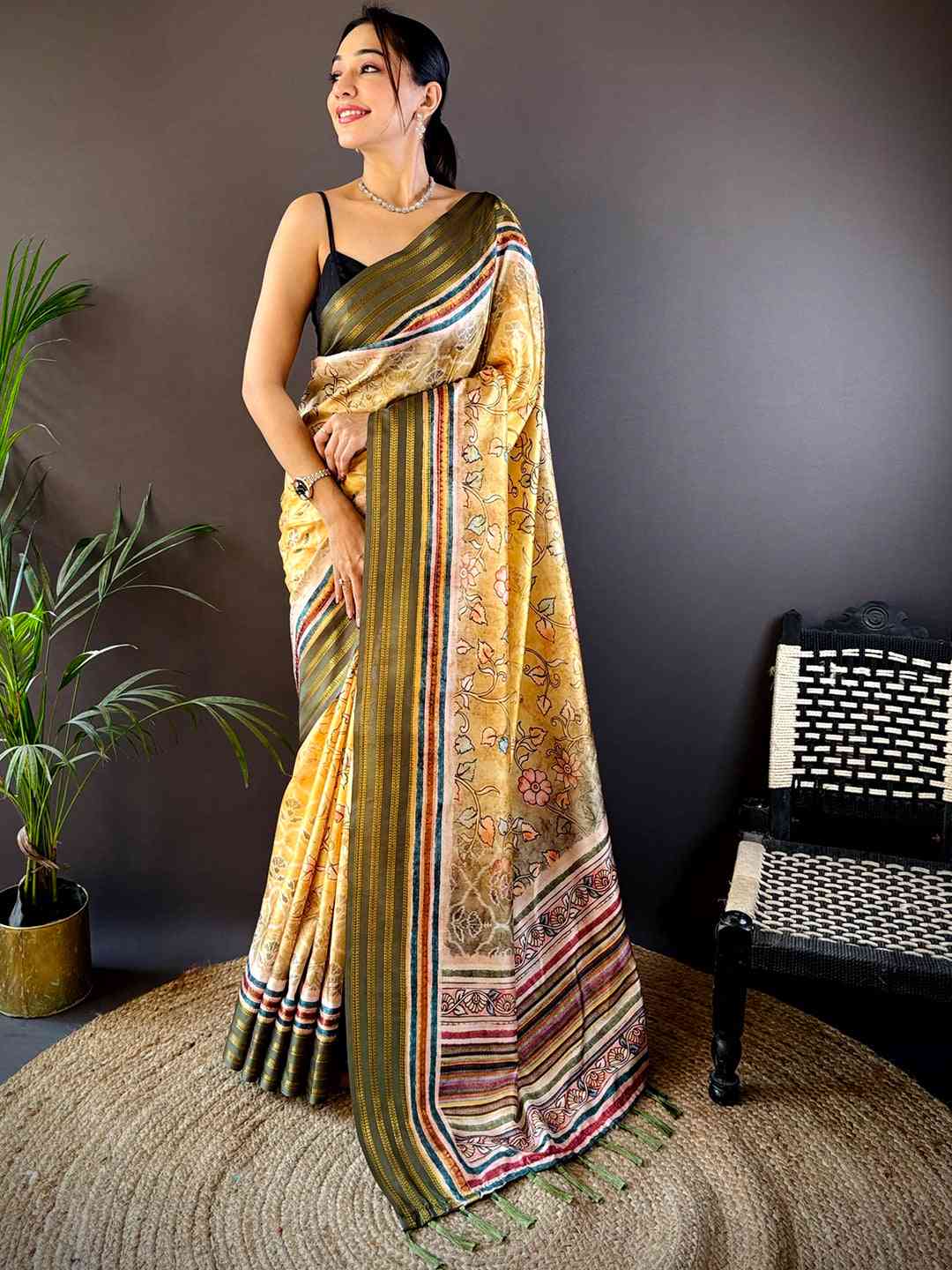 Yellow Kalamkari Floral Printed Silk Saree