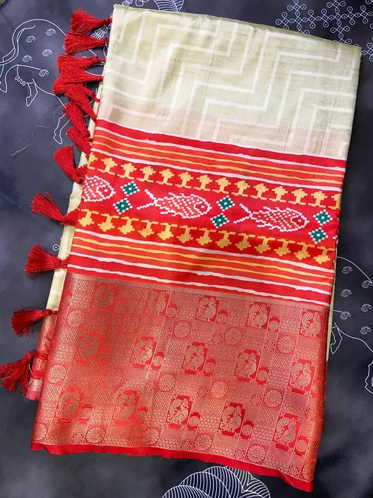 Beige Geometric Silk Saree