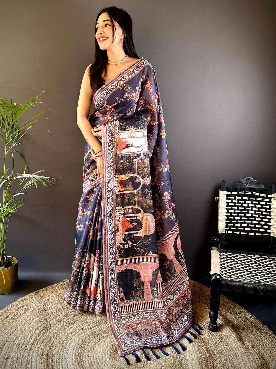 Navy Blue Tissue Chanderi Kalamkari Handprint Saree by My Store