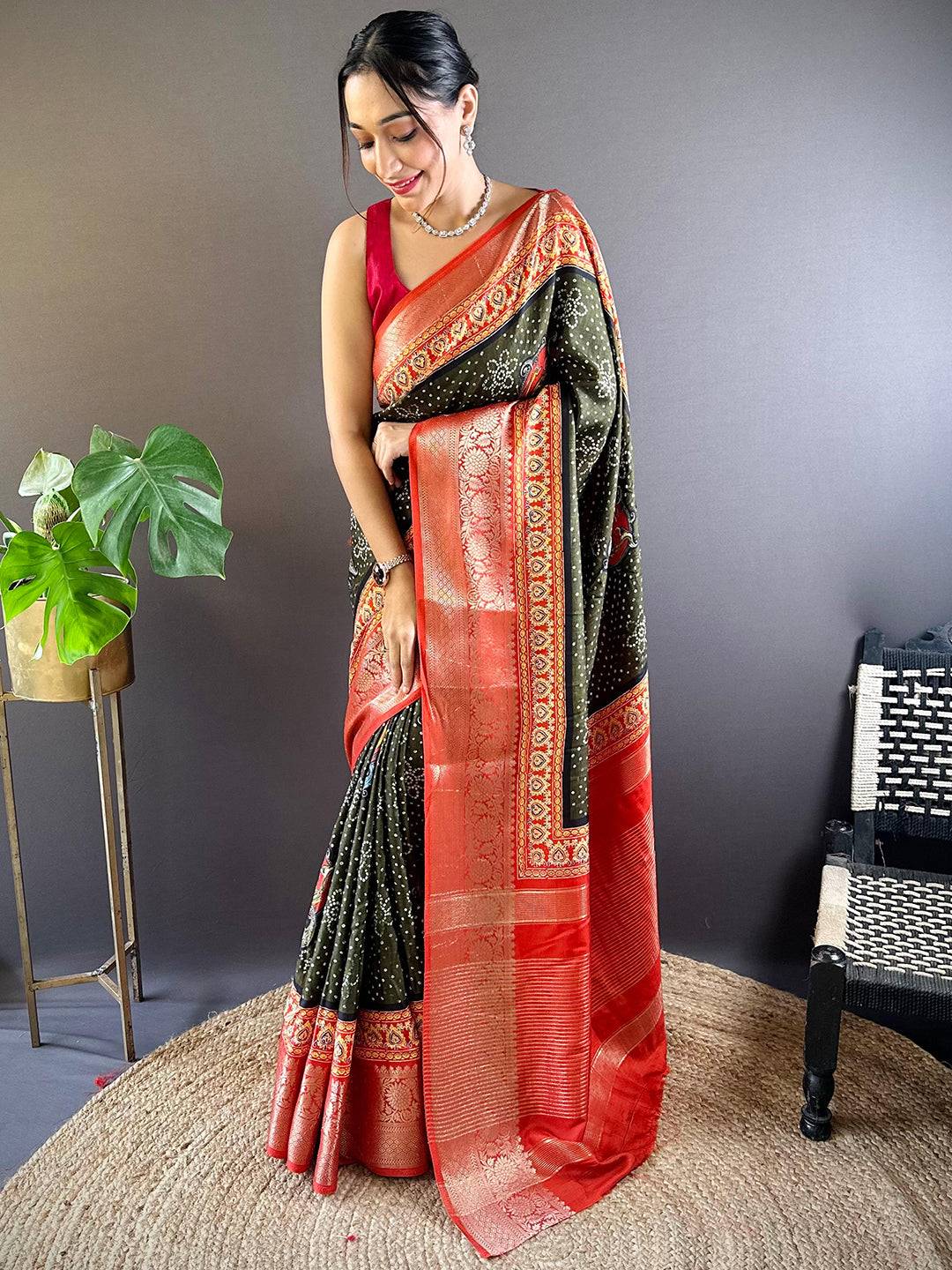 Olive Bloom Dola Silk Bandhej Saree by My Store