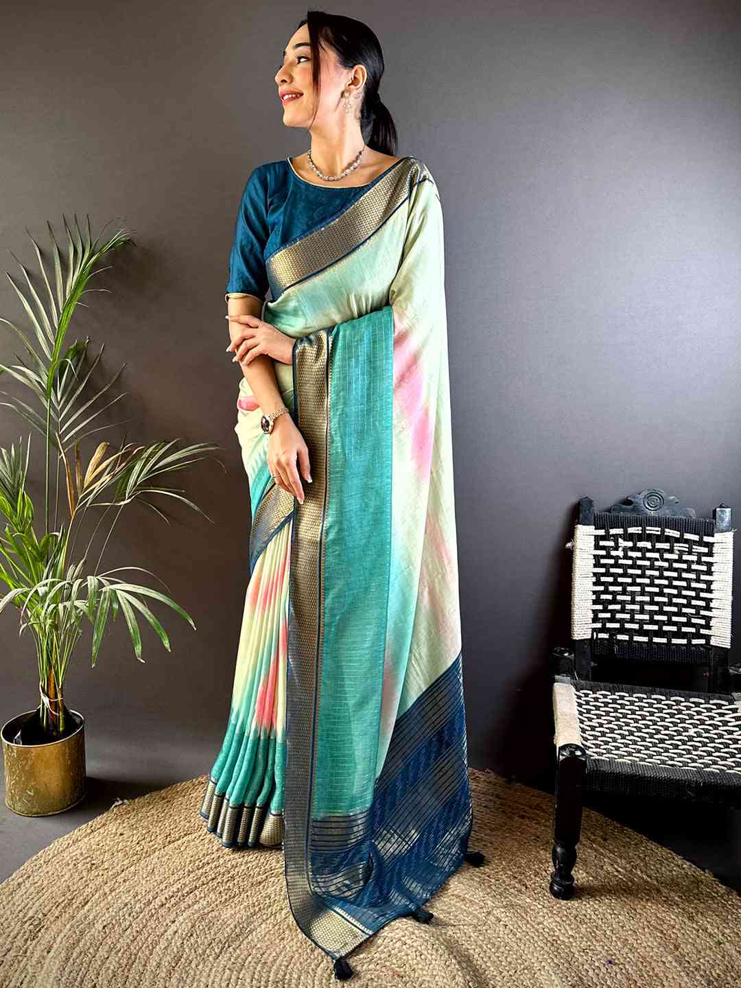 Radiant Cotton Viscose Zari Check Ombre Saree by My Store