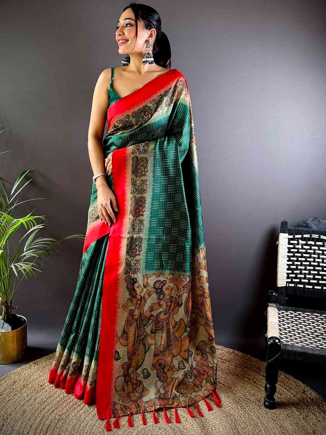 Green Soft Silk Kalamkari Pallu Saree by My Store