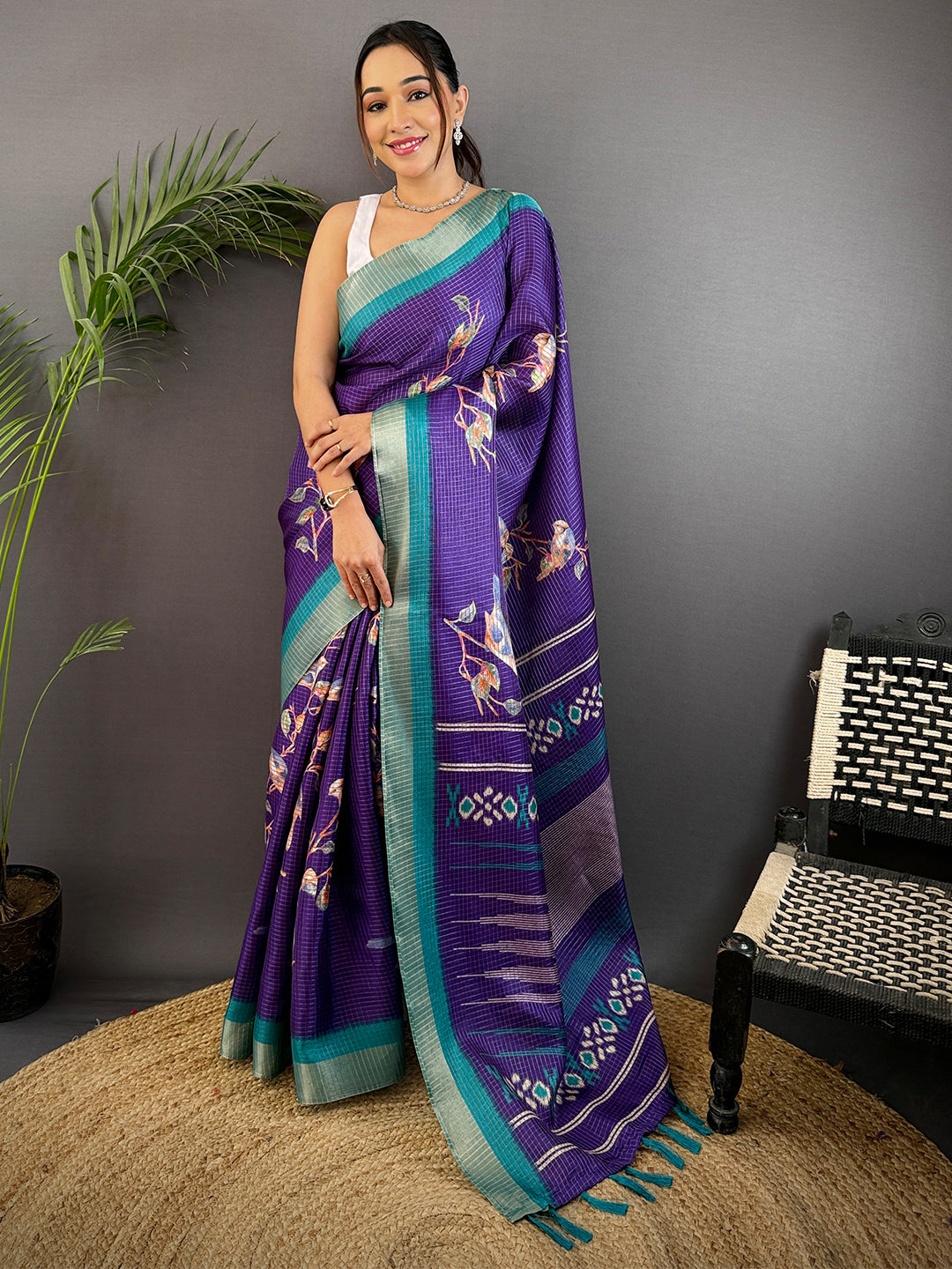 Purple Chanderi Check Sparrow Print Saree by My Store