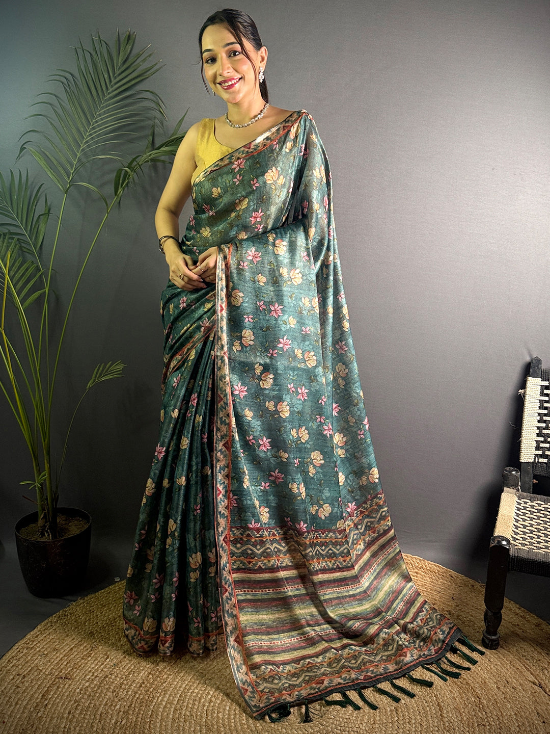 Bottle Green Linen Juth Digital Print Saree by My Store