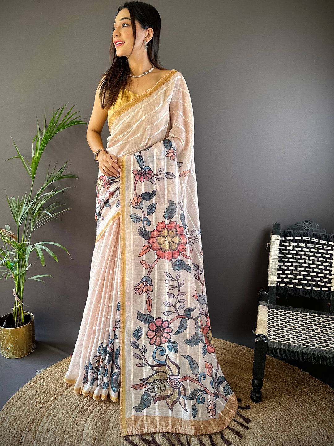 Floral Elegance Linen Chanderi Saree by My Store