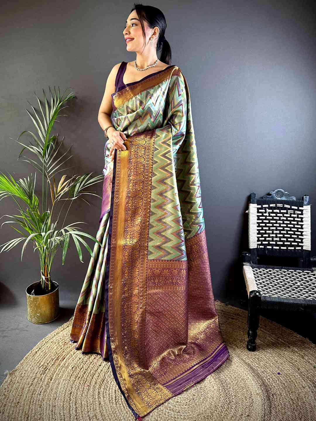 Majestic Brown Zigzag Dharmavaram Silk Saree by My Store