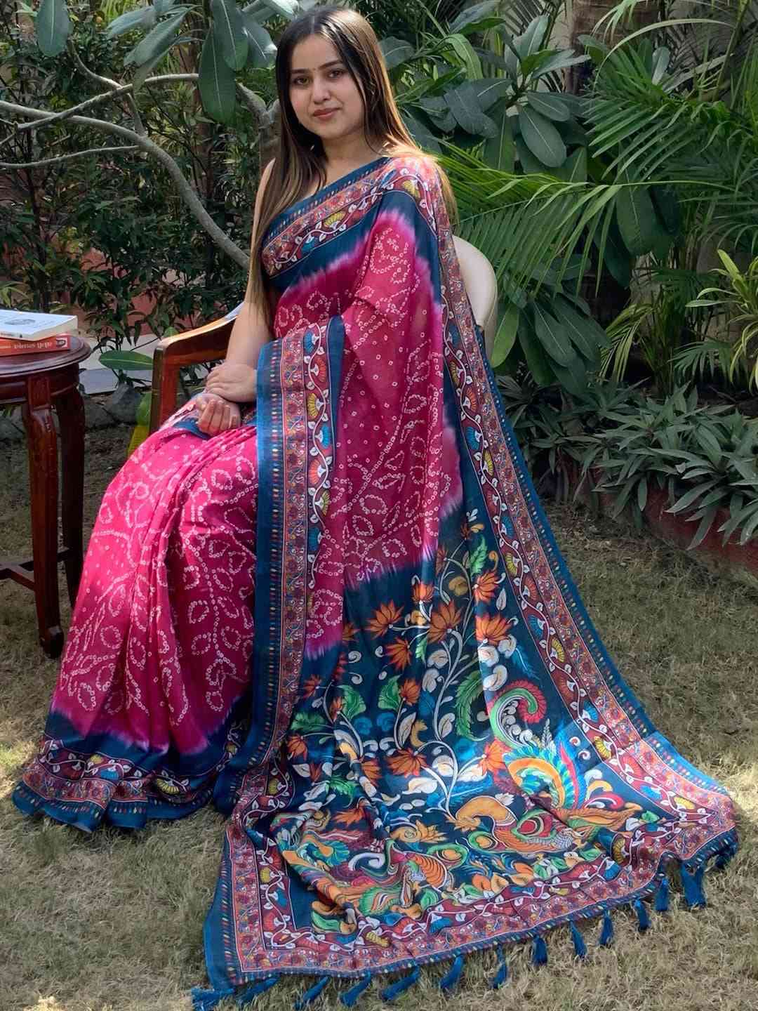 Linen Bandhej Kalamkari Digital Print Saree by My Store