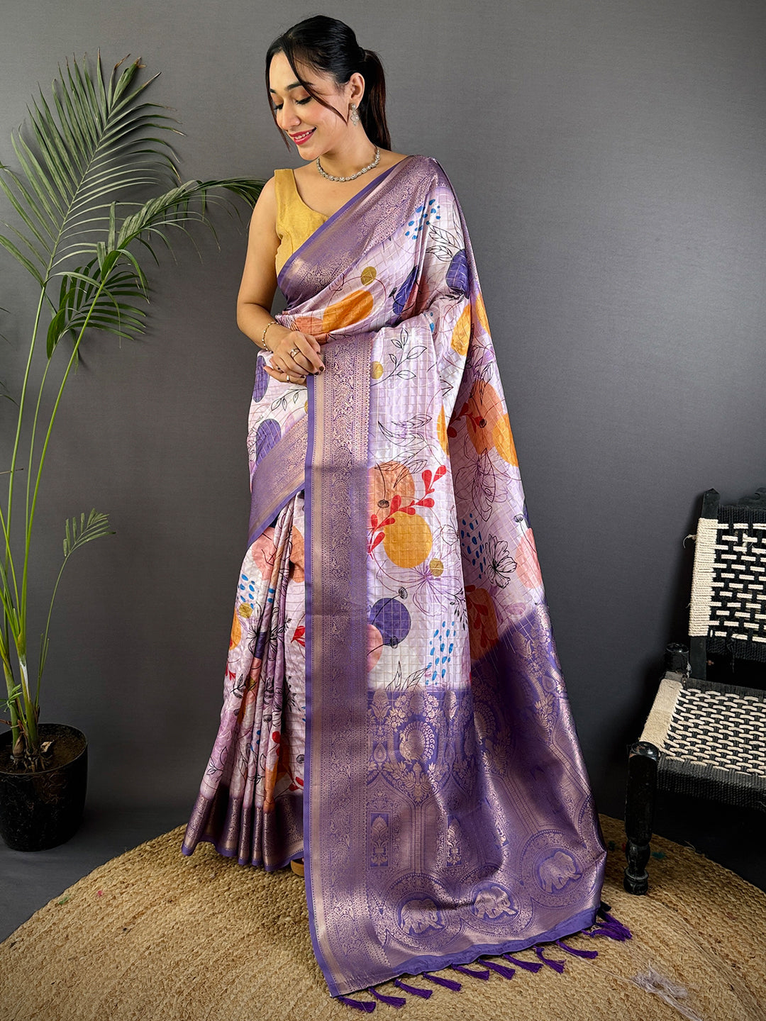 Lavender Freehand Design Gadwal Saree by My Store