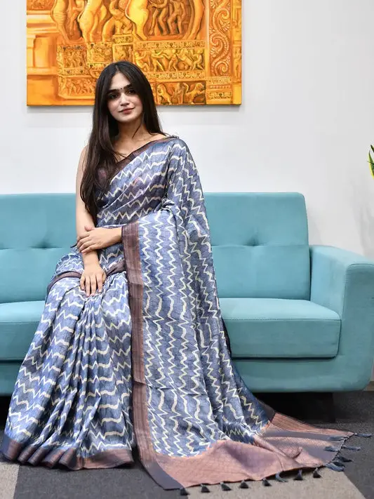 Beautiful Pure Tussar Ghicha Silk Digital Print Saree