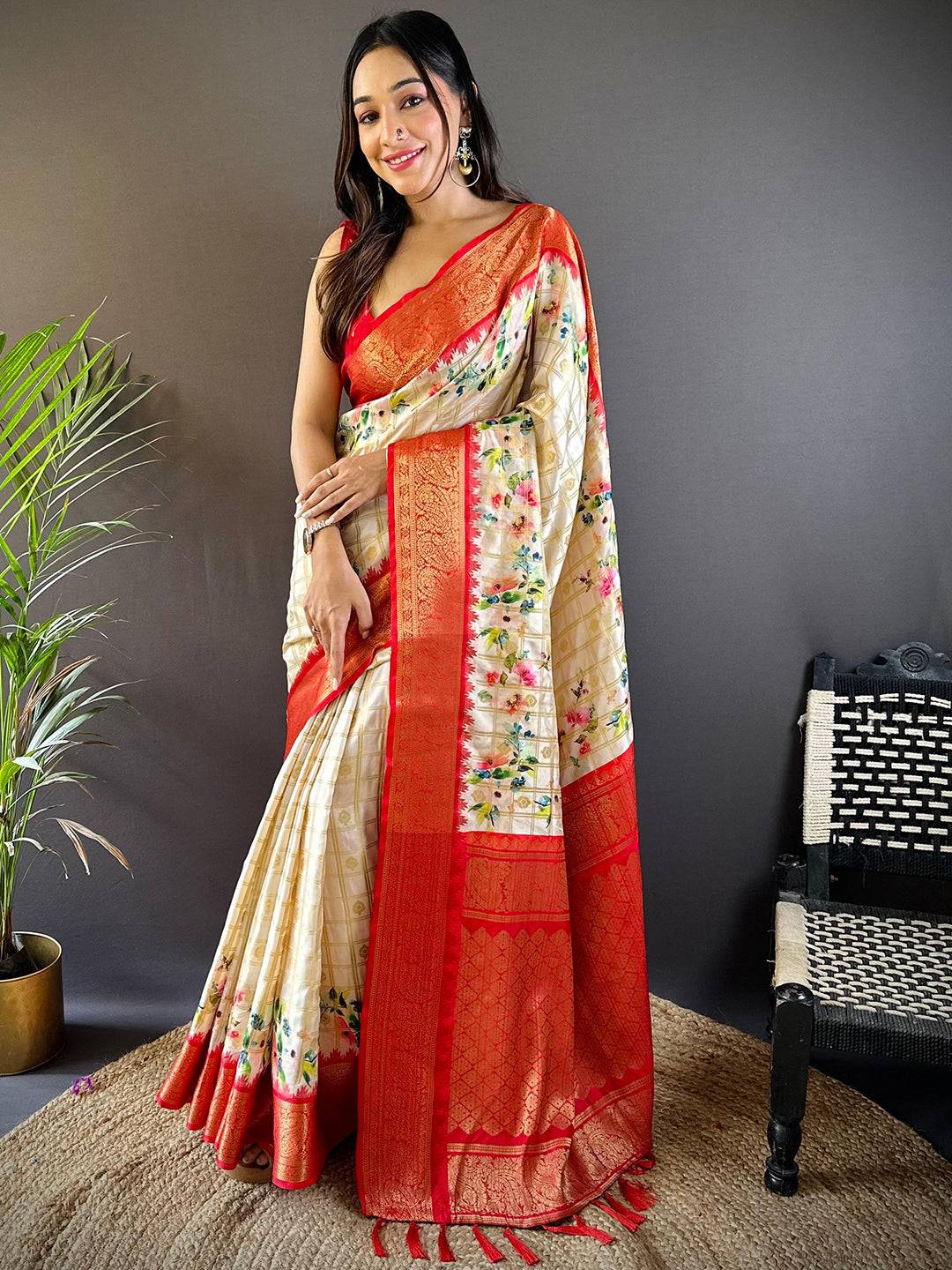Red Kovai Rettapet Border Digital Print Saree by My Store
