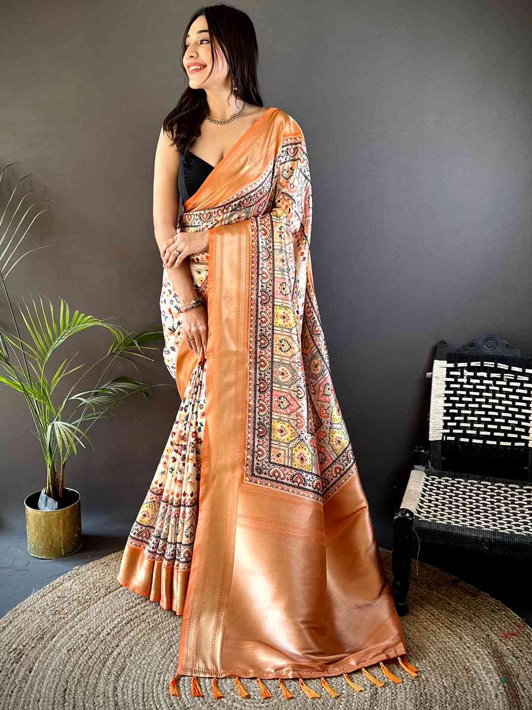Light Orange Mughal Kalamkari Print Pashmina Saree by My Store