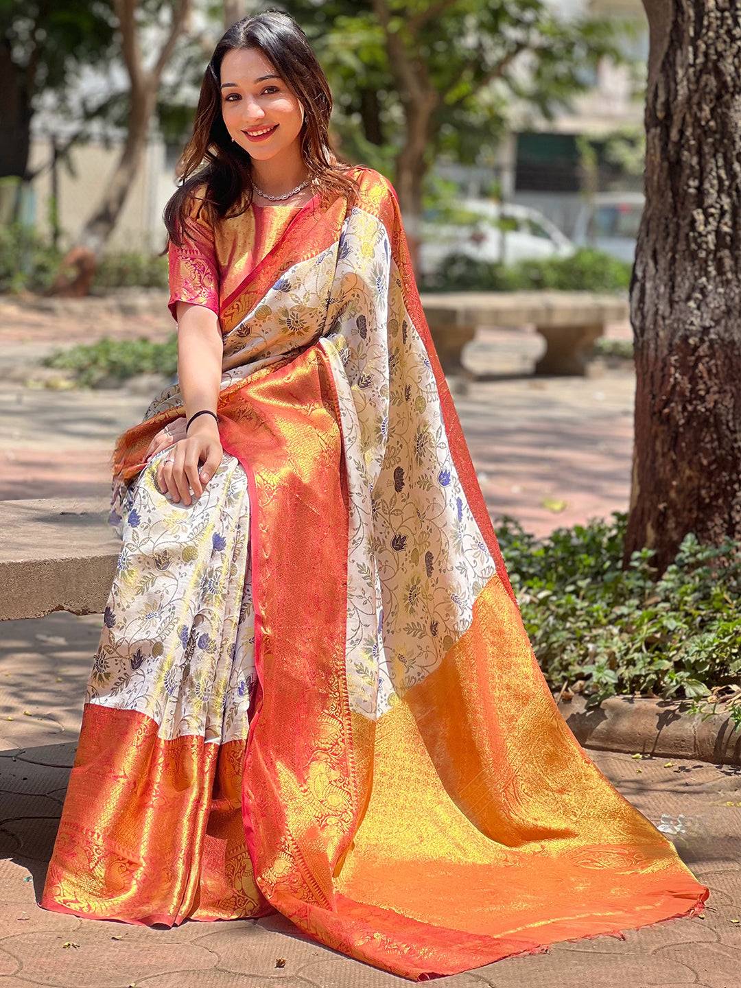 Red Colour Banarasi One Grm Tissue Silk Festive Wear Saree by My Store