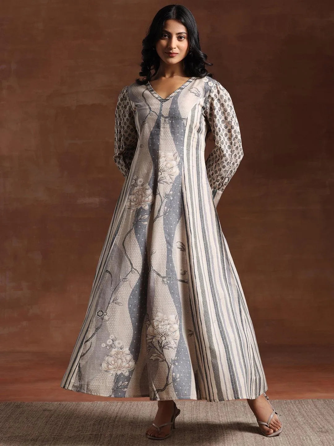 Off White Printed Cotton Blend A-Line Dress by My Store