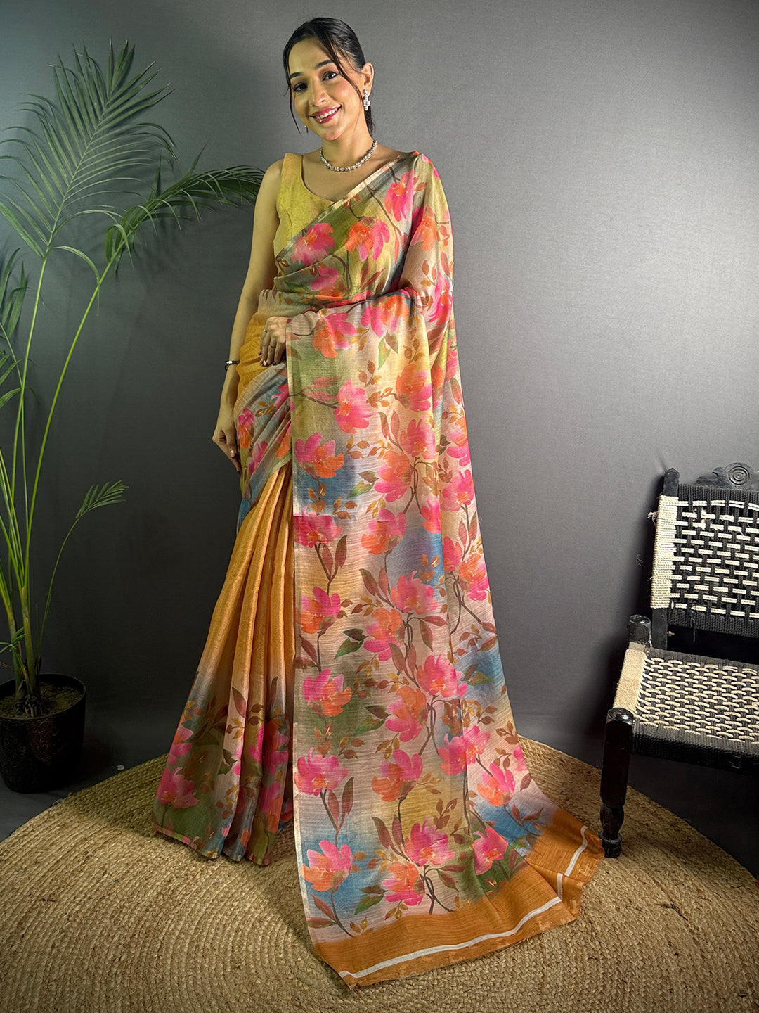 Mustard Yellow Linen Juth Digital Print Saree by My Store