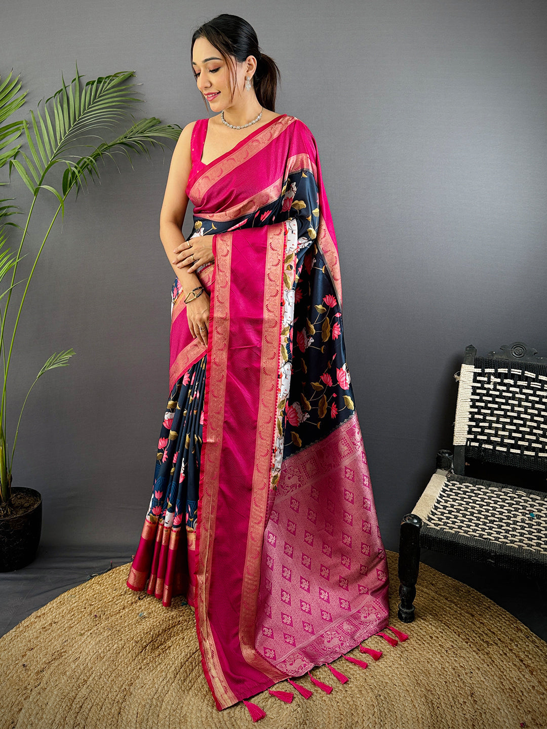Navy Pichwai Print Banarasi Silk Saree by My Store