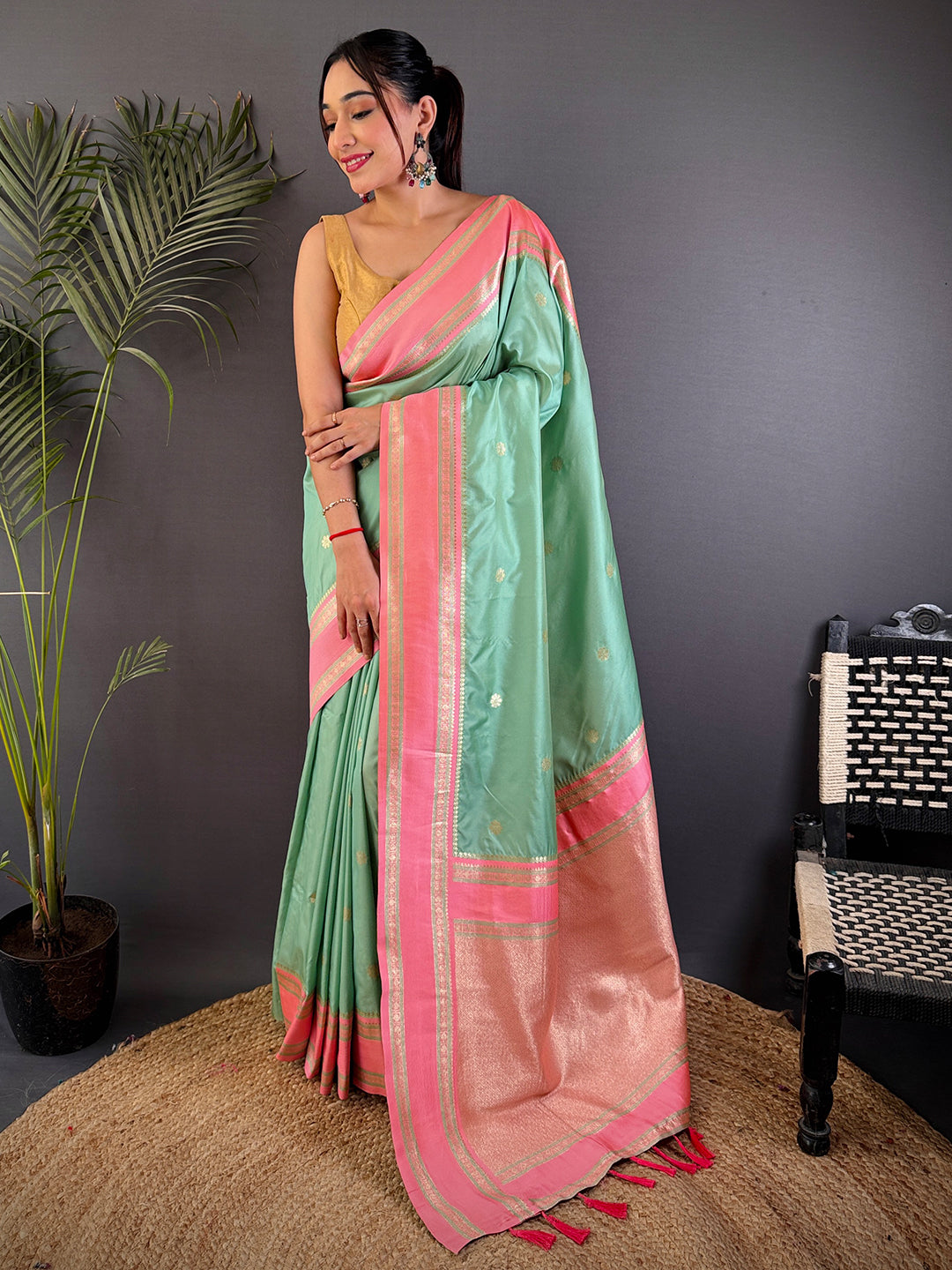 Pista Soft Silk Floral Butta Saree by My Store