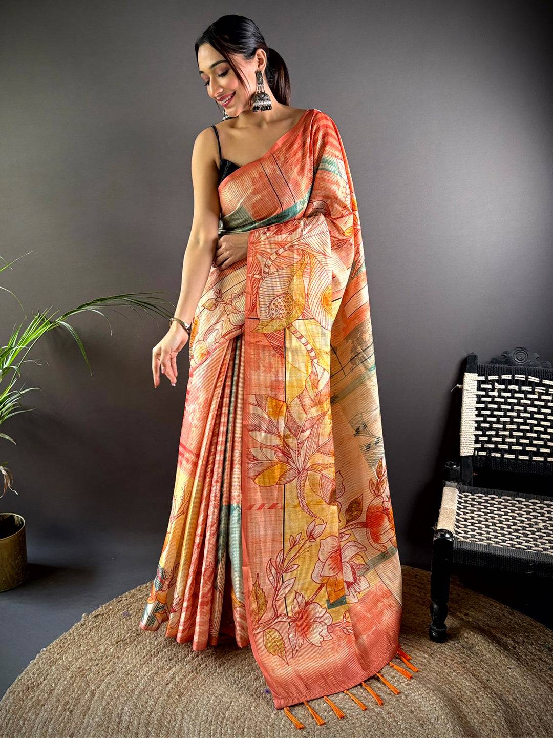 Orange Tussar Silk Lush Botanical Prints Saree by My Store
