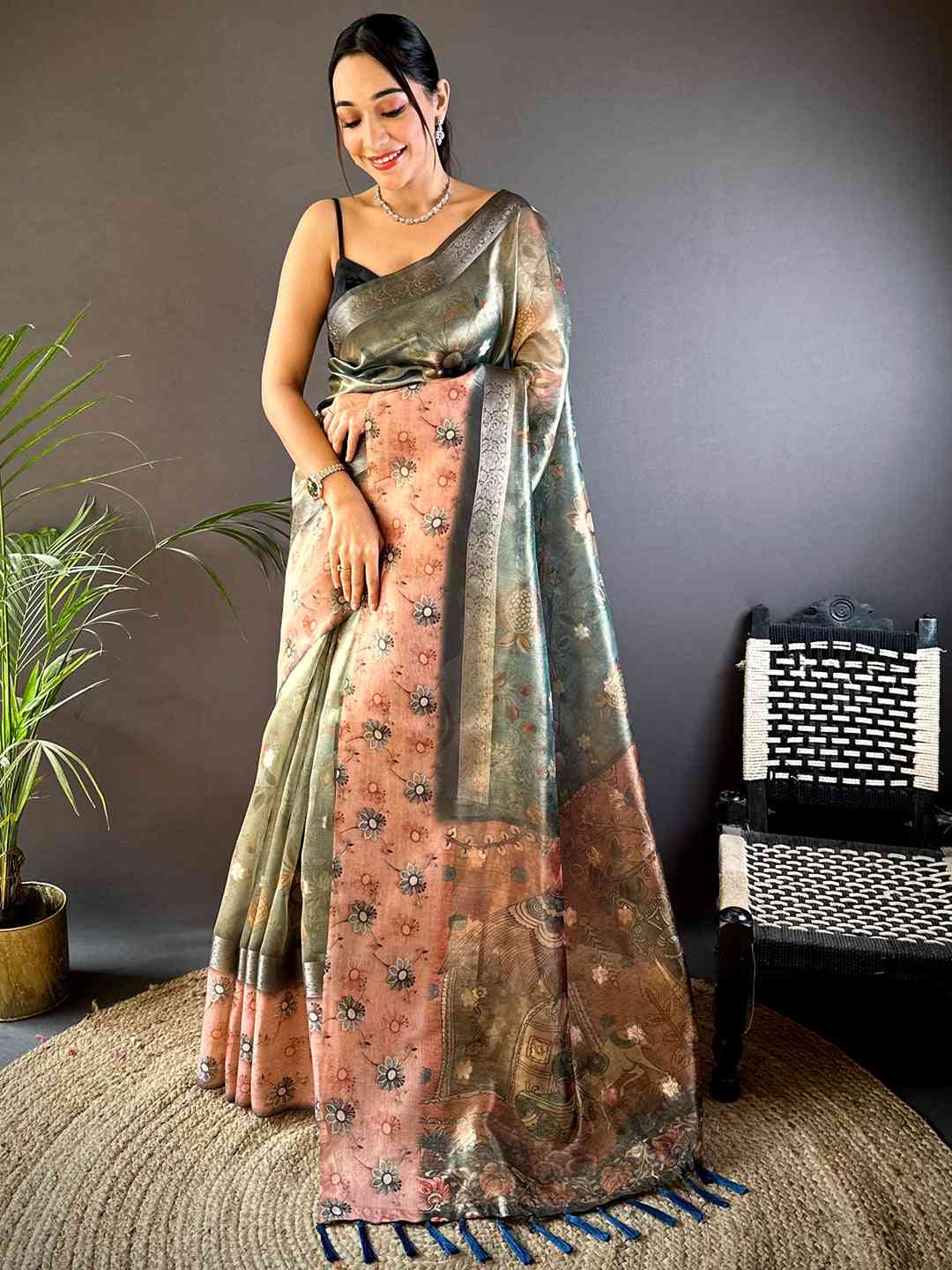 Olive Floral Satin Bentex Border Saree by My Store