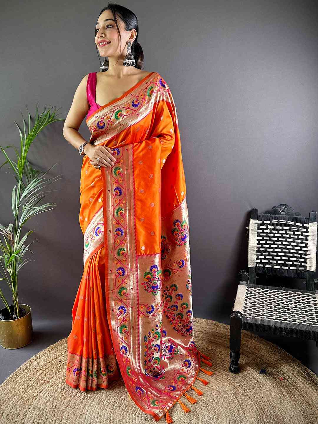 Orange Colour Yevla Paithani Soft Silk Saree by My Store