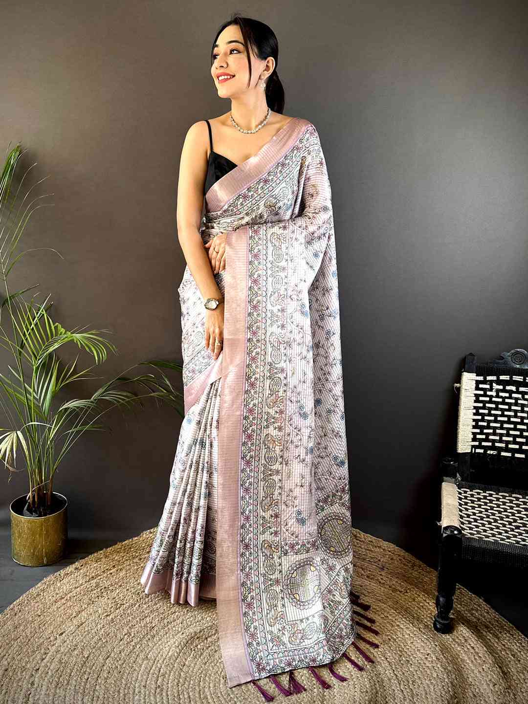 Light Pink Chanderi Madhubani Black Chex Saree by My Store