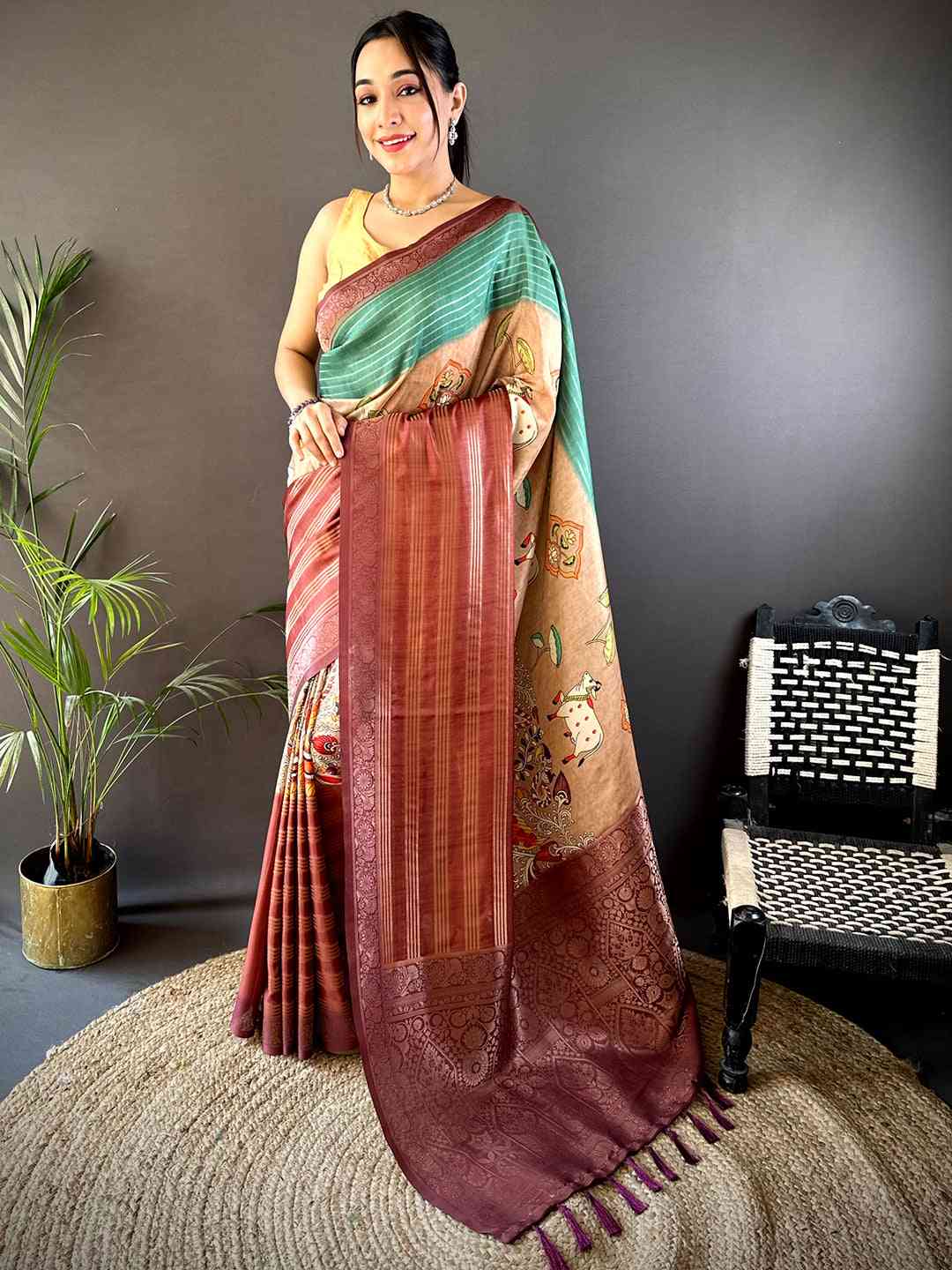 Green Soft Crep Silk Ombre Print Saree by My Store