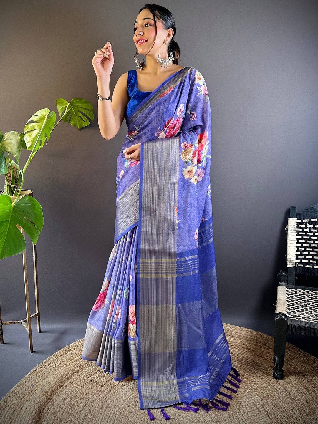 Purple Bloom Linen Saree by My Store