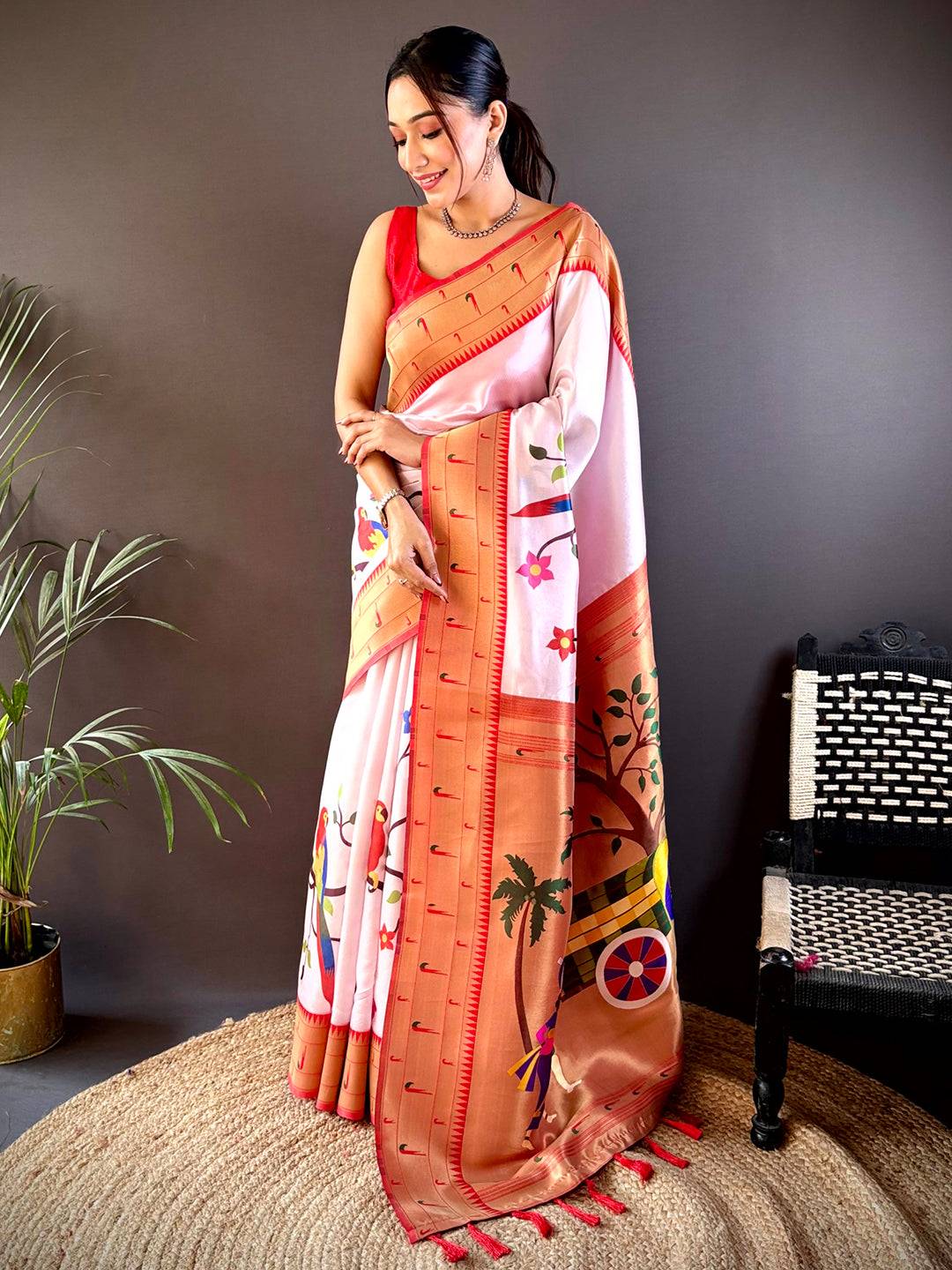 Minakari Soft Silk Bird Print Saree by My Store
