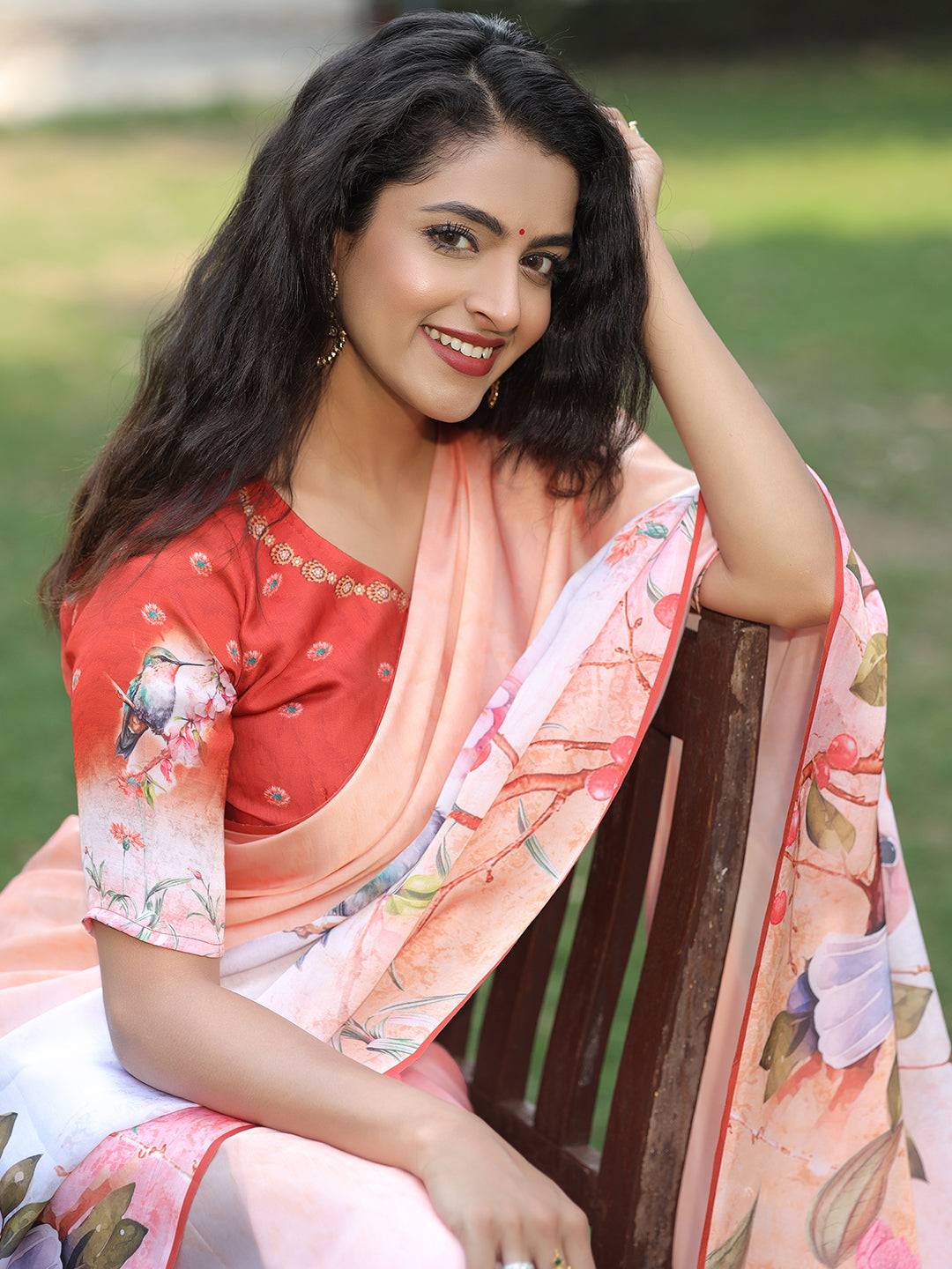 Satin Georgette Peach Colour Hand Print Saree - Luxe by My Store