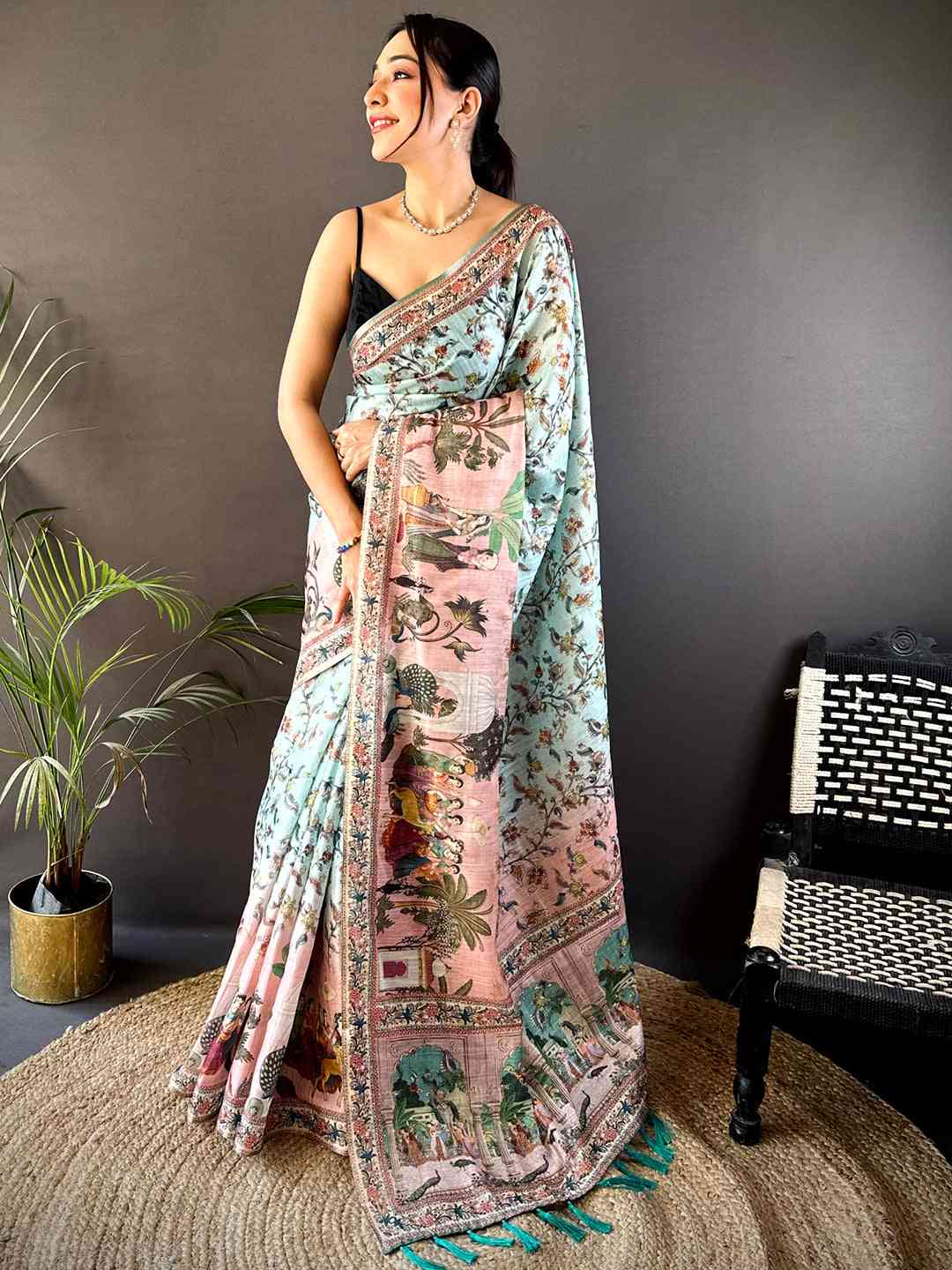 Light Blue Tussar Pashmina Kalamkari Saree by My Store