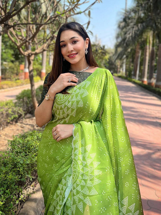 Green Georgette Silk Saree with Ombre Bandhej Print & Swaroski Stone Work by My Store