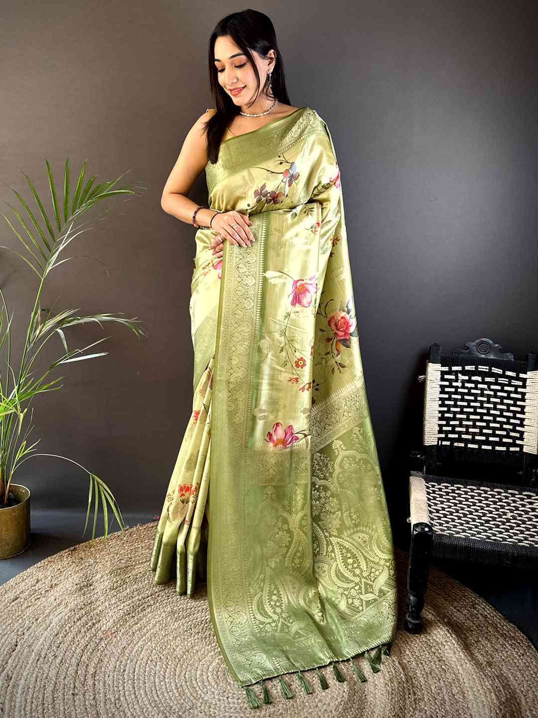 Olive Bamboo Silk Floral Saree by My Store