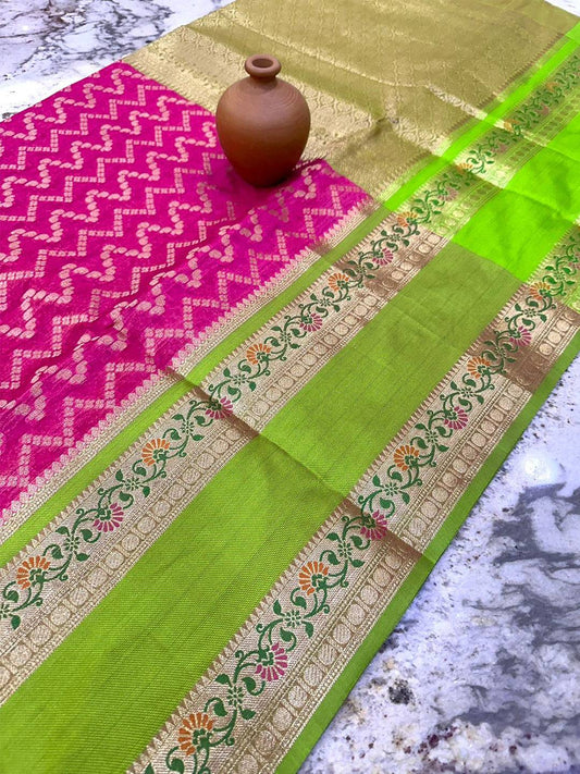 Regal Pink And Green Zari Saree by My Store