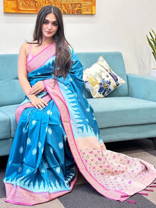 Soft Silk Blue Colour Banarasi saree With Zari Patola Pallu. by My Store