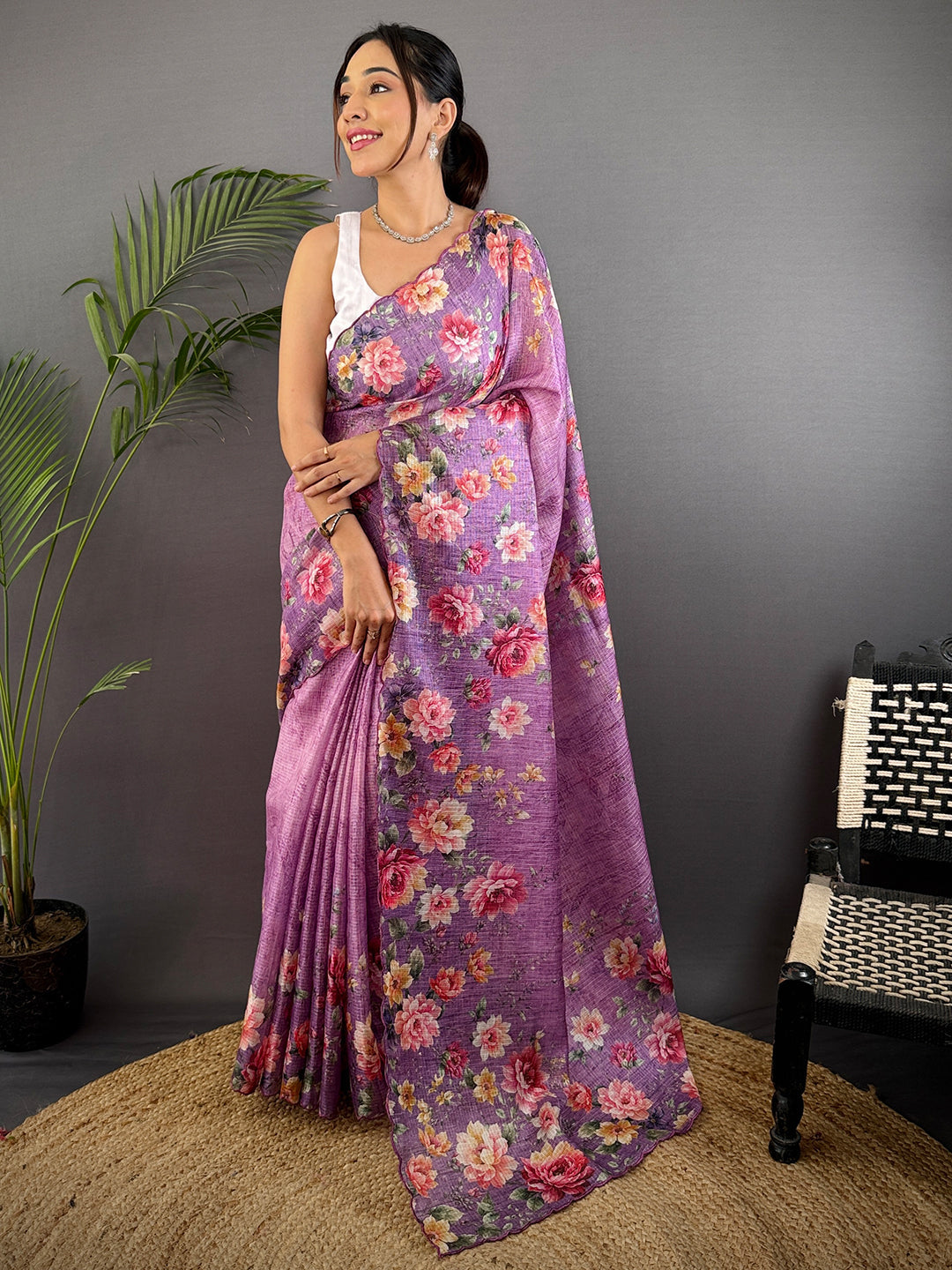 Lavender Kota Doriya Floral Cut Work Saree by My Store